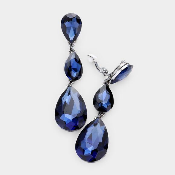 Clip on 3" long silver and blue graduated teardrop stone earrings - Picture 2 of 4